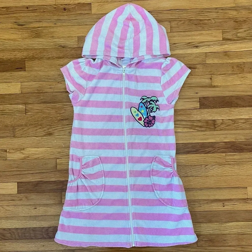4/$25 St. Eve Girls Terry Cloth Pink Striped Full Zip Coverup Dress Size 10/12